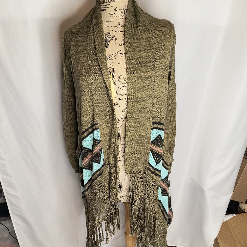 Vintage Y2K Billabong Olive and Aqua Geometric Cardigan